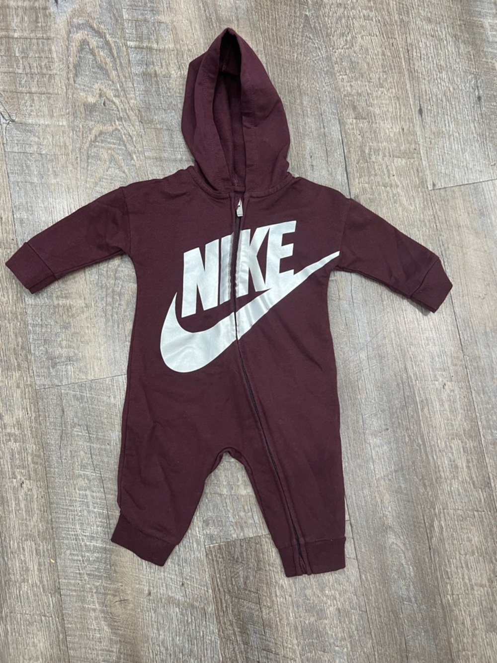 Nike Burgundy Hooded Baby One-Piece with Logo
